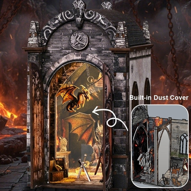 wooden book nook with dragon castle design and built-in dust cover feature