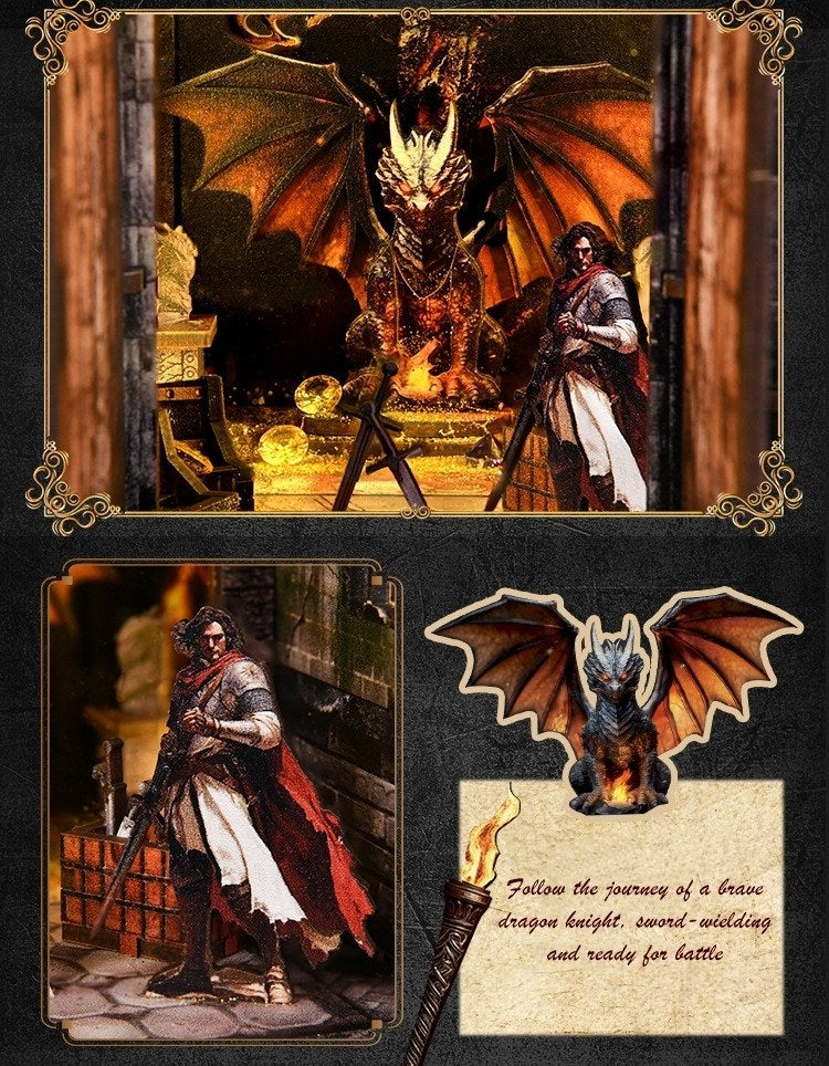 Fantasy diorama scene with a dragon and warrior, decorative elements, and text.