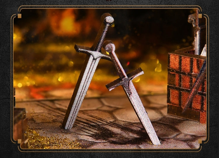 Two miniature swords on a stone floor of a castle