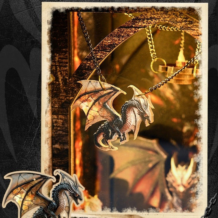 Miniature Dragon hung on a chain with a warm glow in the background