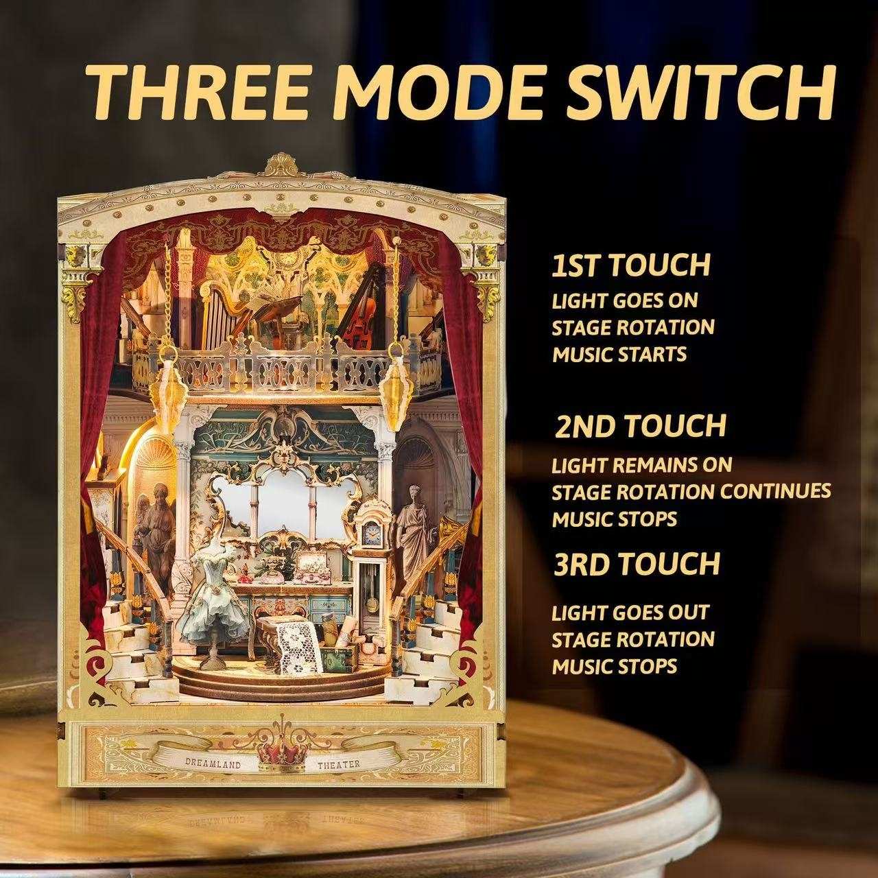 Decorative theater book nook model with three mode switch instructions on a dark background