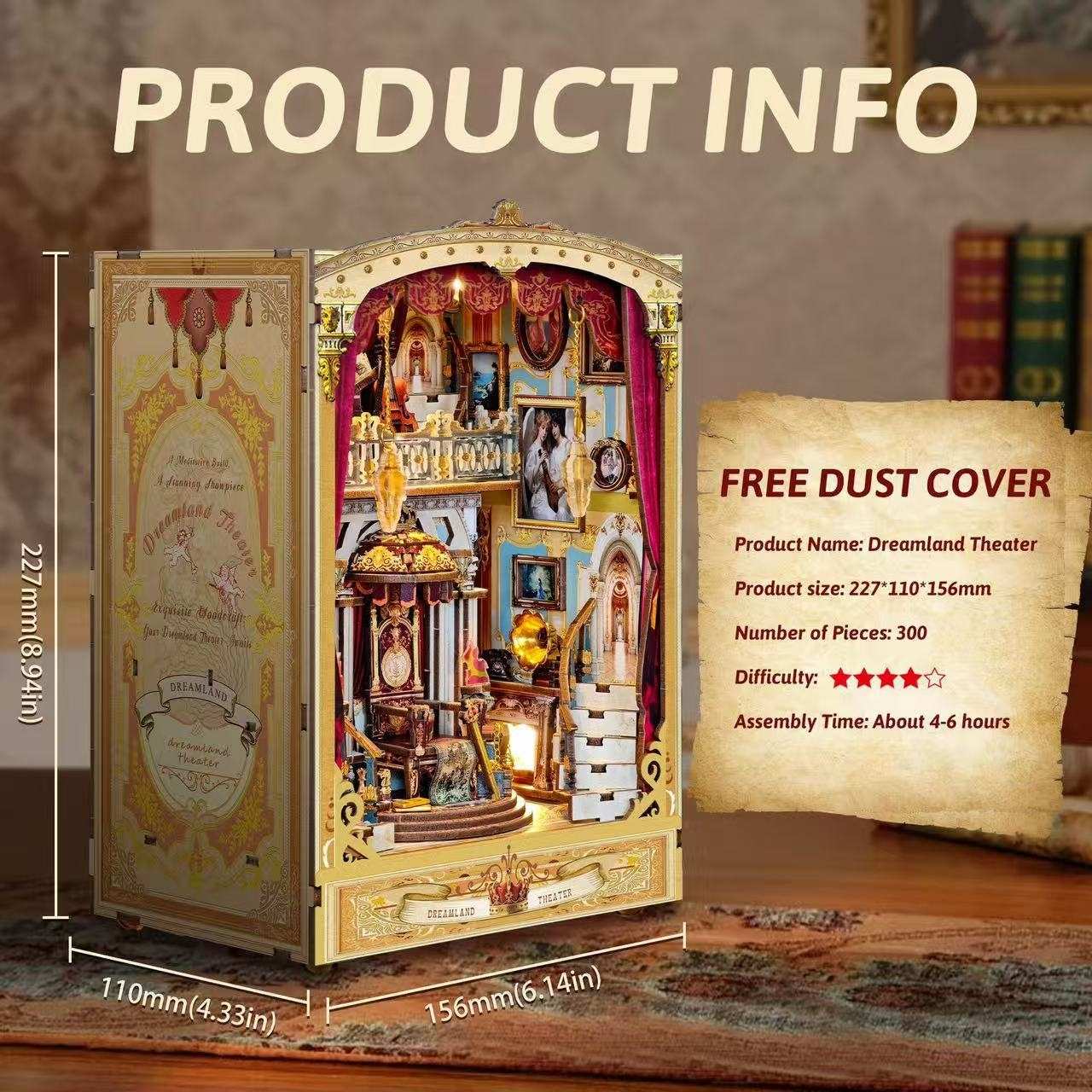 Dreamland Theater model kit with assembly information and free dust cover offer.