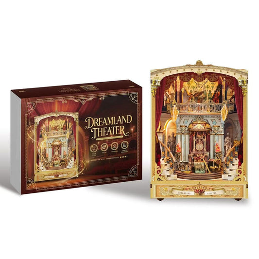 Dreamland Theater wooden book nook model kit with packaging on a white background