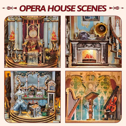 Collage of miniature opera house scenes with detailed settings.