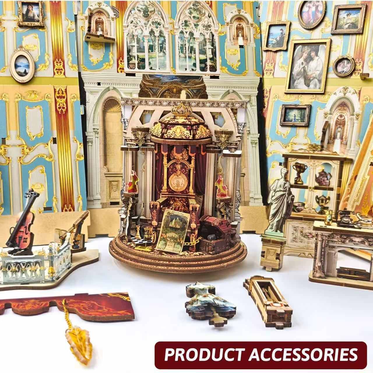 miniature accessories including a clock and statues in an ornate room setting of book nook