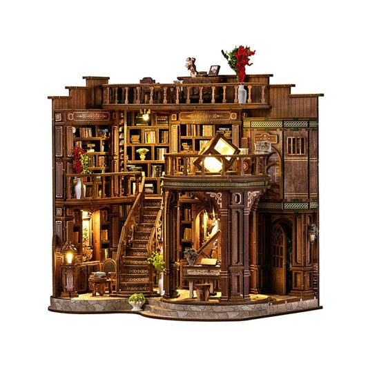 assembled Dreamy Book Hall Miniature House, a wooden bookstore dollhouse with bookshelves and decorative elements on a white background