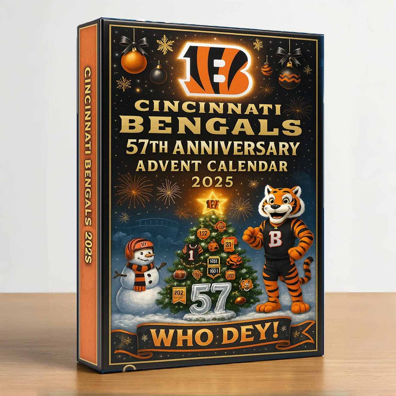 Cincinnati Bengals 57th Anniversary Advent Calendar 2025 packaging on a wooden surface