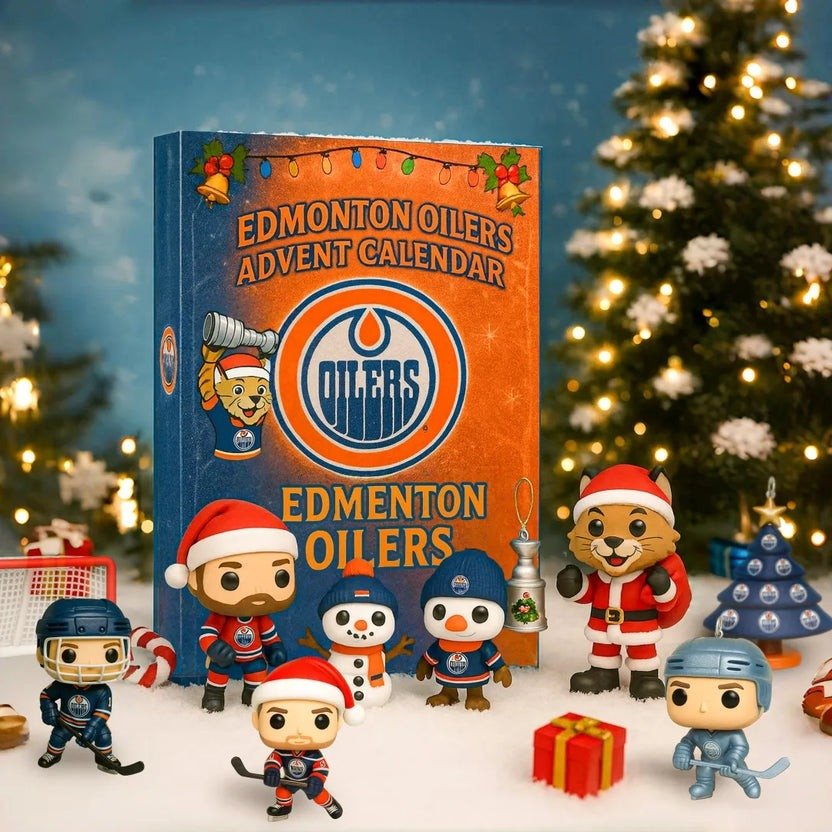 Edmonton Oilers advent calendar with character figures in front of a Christmas tree.