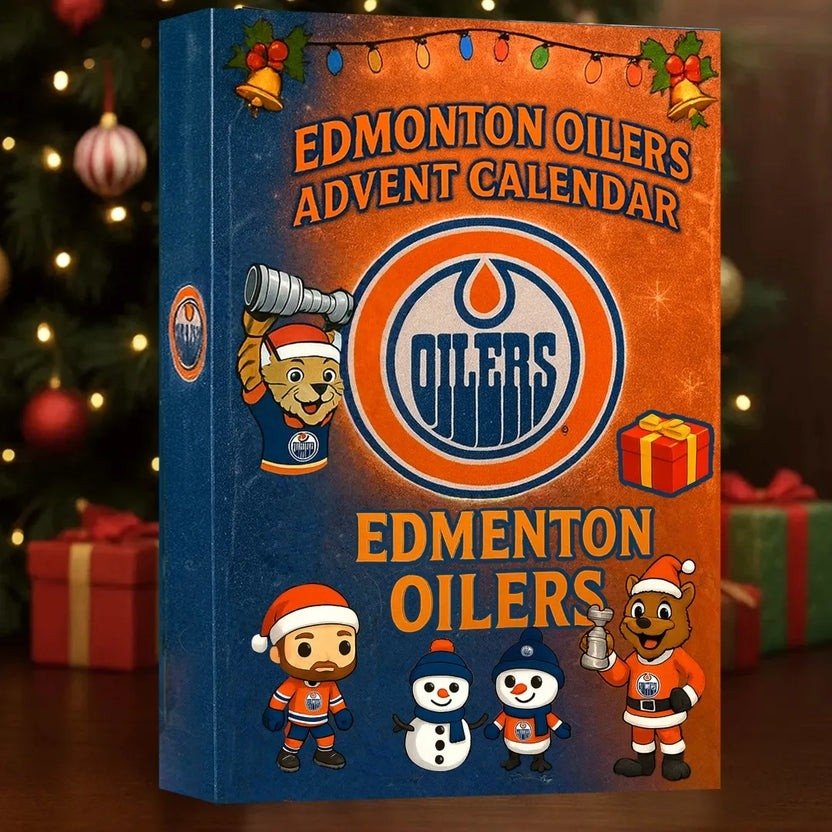 Edmonton Oilers advent calendar with characters and logo on a blue and orange background.