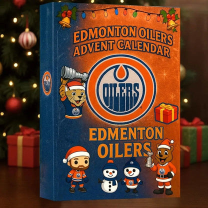 Edmonton Oilers advent calendar with characters and logo on a blue and orange background.