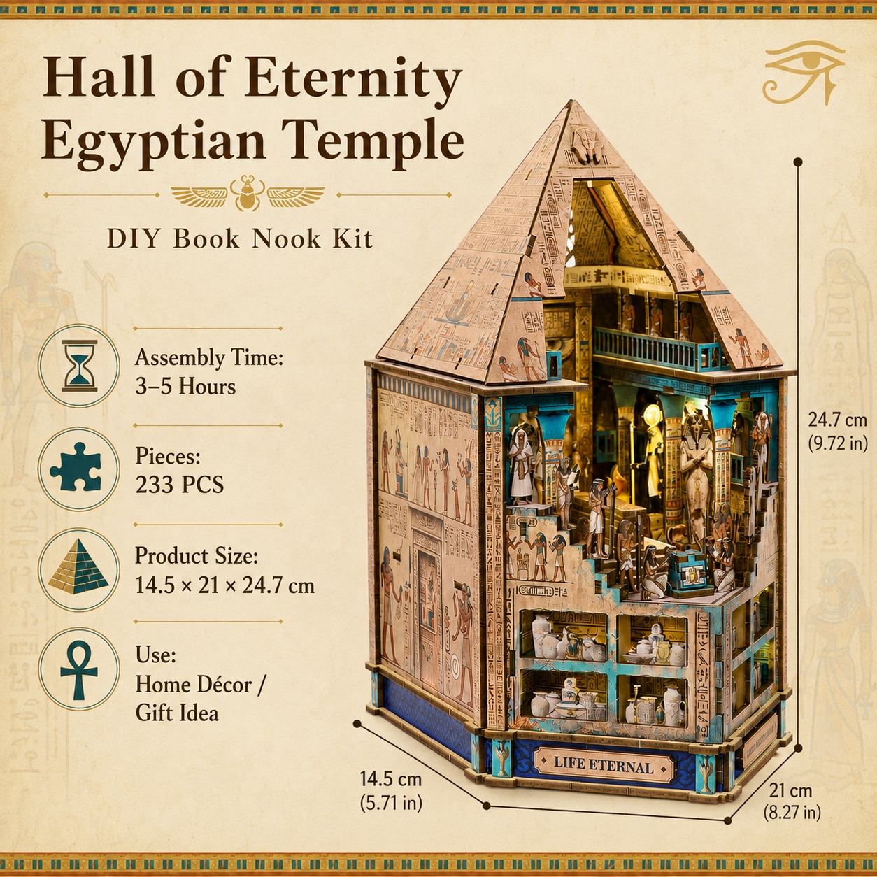 Promotional graphic for the Hall of Eternity Egyptian Temple DIY Book Nook Kit, showing the assembled wooden book box with detailed Egyptian artwork, interior shelves, and dimension callouts on a beige background with product features listed on the left.