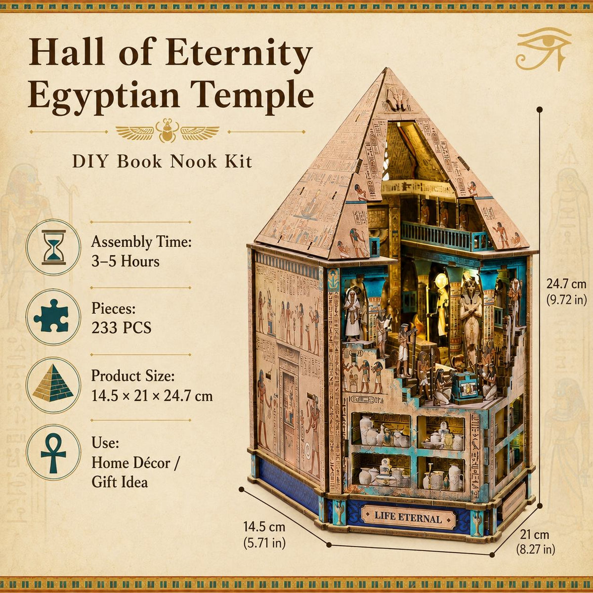 Promotional graphic for the Hall of Eternity Egyptian Temple DIY Book Nook Kit, showing the assembled wooden book box with detailed Egyptian artwork, interior shelves, and dimension callouts on a beige background with product features listed on the left.