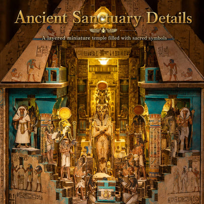 A miniature ancient Egyptian temple diorama filled with detailed figurines, hieroglyphics, and gold-toned decorative panels under warm lighting. Large overlaid text at the top reads 'Ancient Sanctuary Details' with a subtitle about a layered miniature temple.