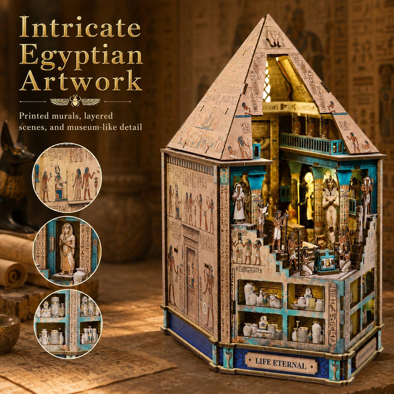 A detailed miniature book nook model of an ancient Egyptian house with intricate murals, shelves, and miniature figures, displayed on a wooden surface with a warm, themed background and text overlays.