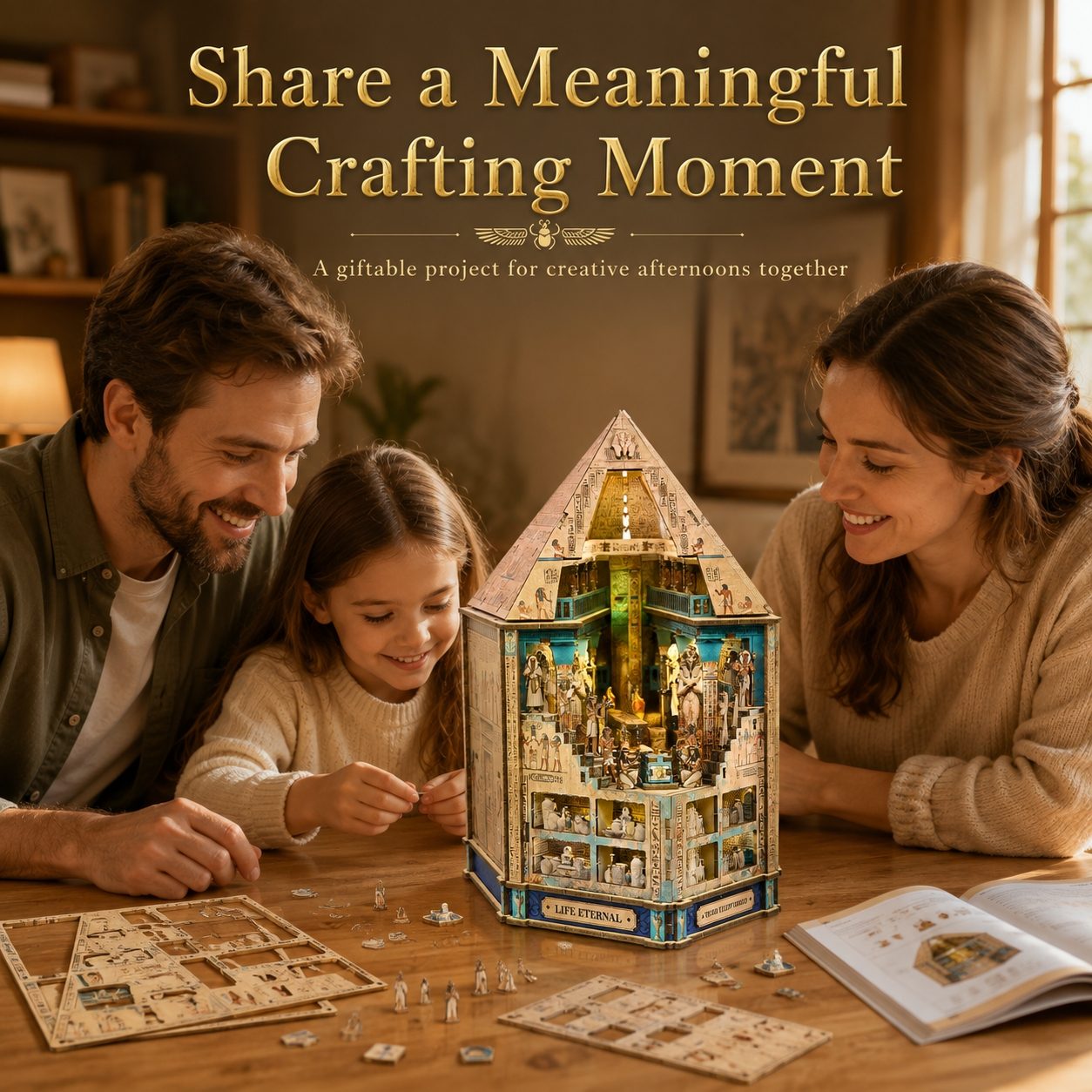 A family of three gathers around a wooden table in a warmly lit room, looking at and playing with a detailed miniature house model made from a jigsaw puzzle. The scene includes overlaid promotional text at the top reading 'Share a Meaningful Crafting Moment.