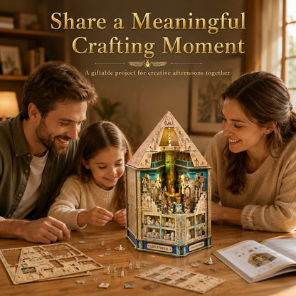 A family of three gathers around a wooden table in a warmly lit room, looking at and playing with a detailed miniature house model made from a jigsaw puzzle. The scene includes overlaid promotional text at the top reading 'Share a Meaningful Crafting Moment.