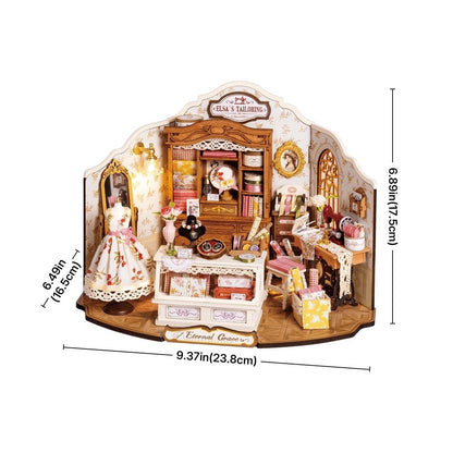 Detailed Sewing Room Diorama dollhouse with furniture and accessories, including dimensions on a white background