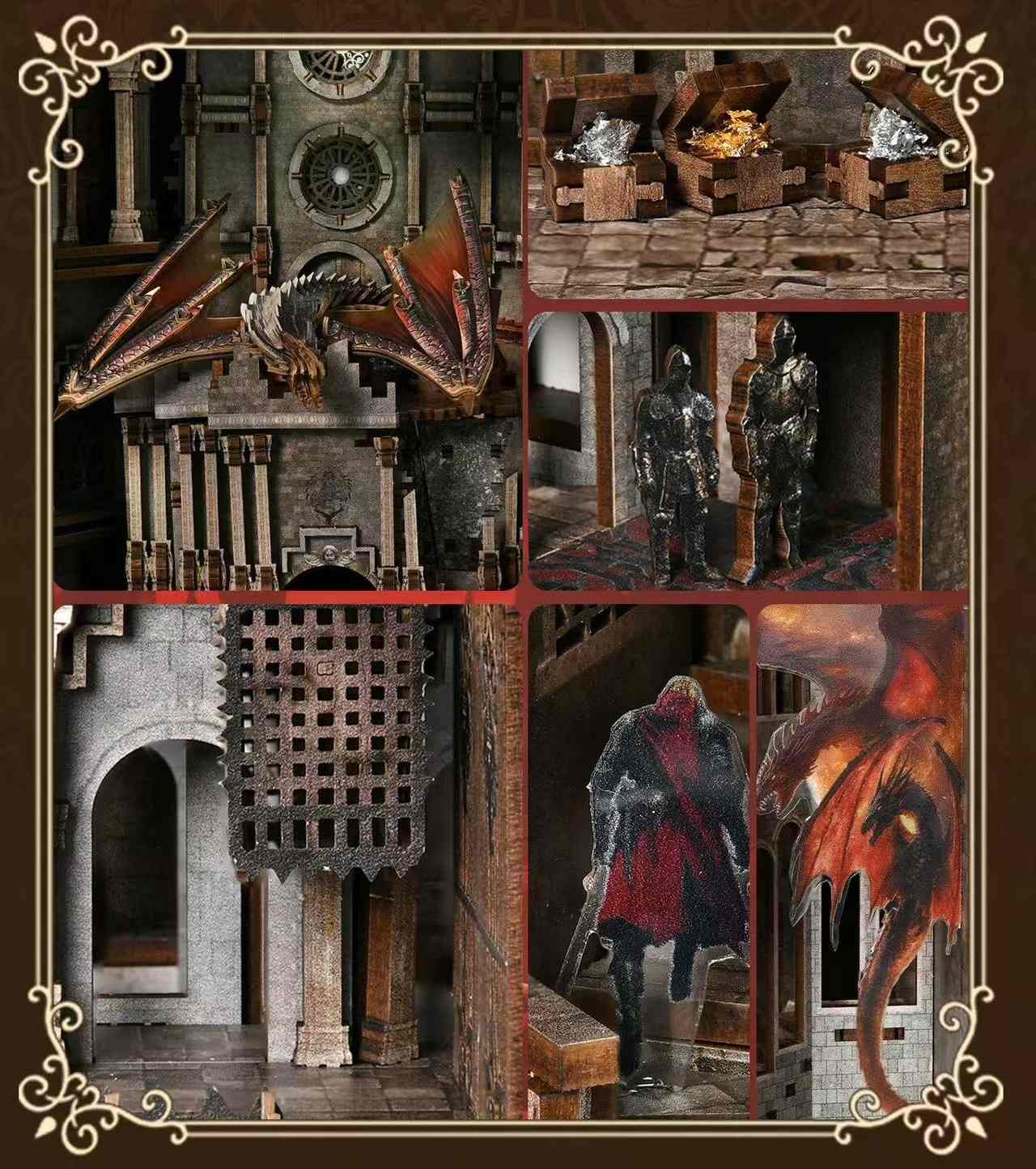 Collage of fantasy-themed miniature models including dragons and castles.