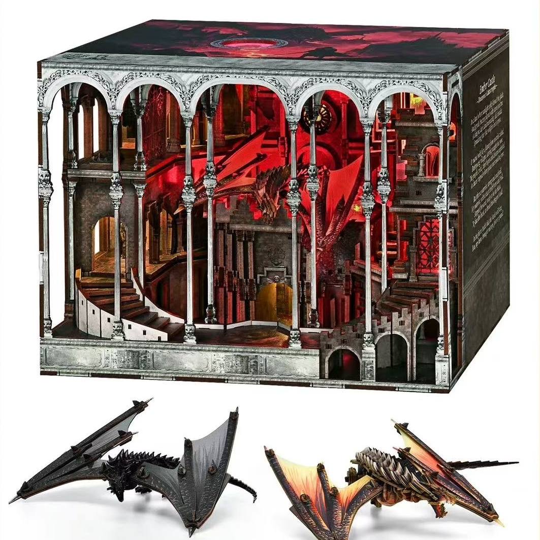 Detailed book nook model kit packaging with miniature dragon models