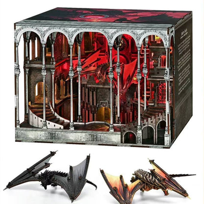 Detailed book nook model kit packaging with miniature dragon models