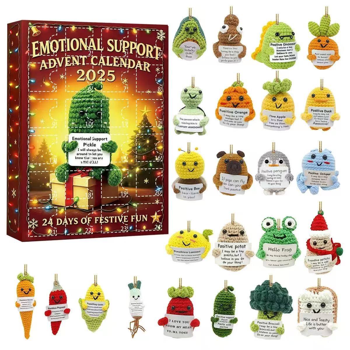 Emotional Support Advent Calendar 2025 with small plush figures and packaging.