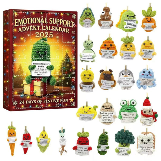Emotional Support Advent Calendar 2025 with small plush figures and packaging.
