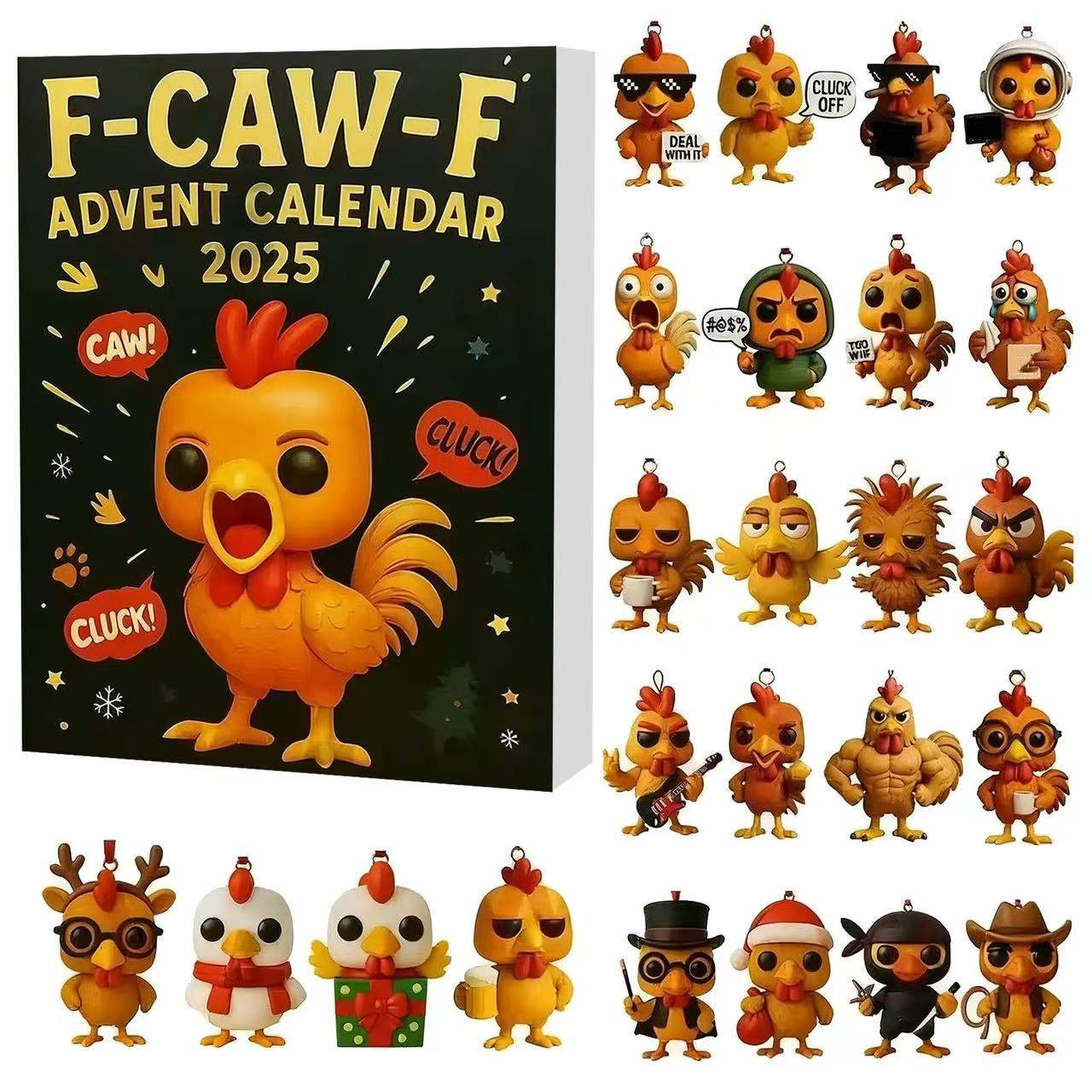 F-Caw-F Chicken Advent Calendar box, Each of the 24 doors hides a 2D flat acrylic surprise mini figure ornament