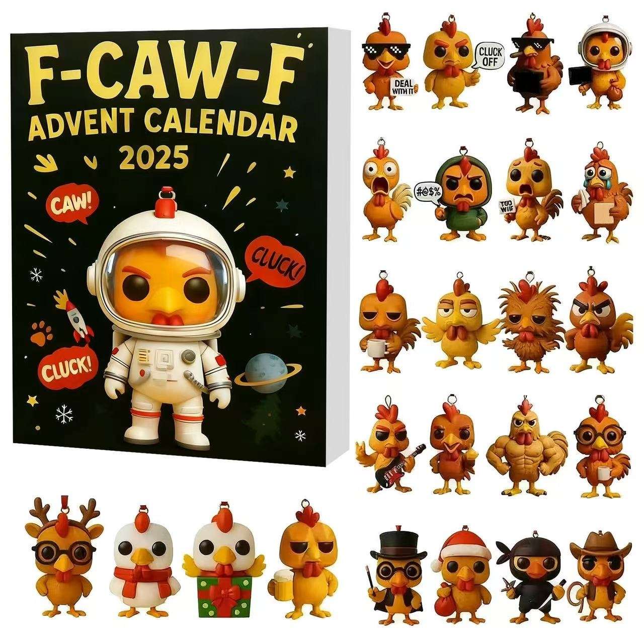 F-Caw-F Chicken Advent Calendar box, Each of the 24 doors hides a 2D flat acrylic surprise mini figure ornament