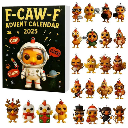 F-Caw-F Chicken Advent Calendar box, Each of the 24 doors hides a 2D flat acrylic surprise mini figure ornament
