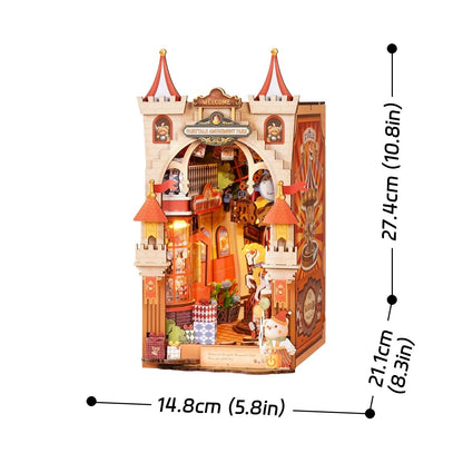 Wooden Amusement Park dollhouse with measurements on a white background