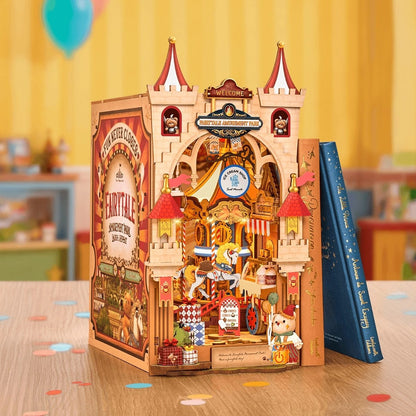 Wooden toy castle book nook with detailed design on a wooden table