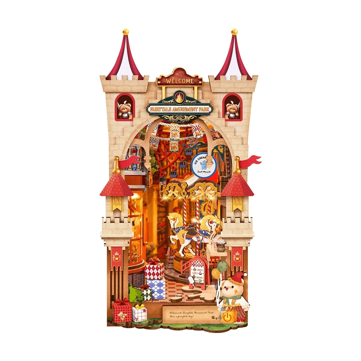 Miniature Amusement Park Book Nook with carousel and characters on a white background