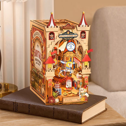 Decorative wooden book nook model of a carousel on top of a book