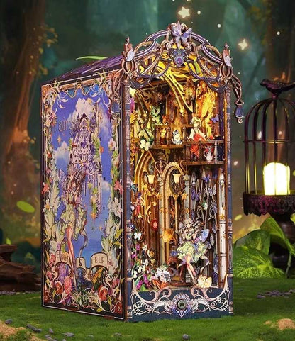 Fairy Tale Elf DIY Book Nook Kit, a miniature fairy tale in a forest, body sensor light, and dust cover. Perfect for shelf decor or as a magical gift.