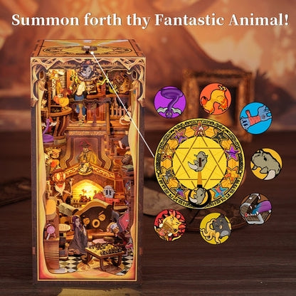 Fantastic Animal Common Room DIY Book Nook Kit, A charming magic academy series miniature crafts, perfect for DIY crafting enthusiasts and dollhouse collectors alike. Ideal for bookshelf decor of gift for magic world lovers
