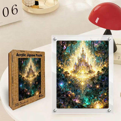 Acrylic jigsaw puzzle with castle and a wooden box package