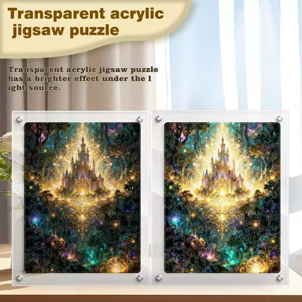 Transparent acrylic jigsaw puzzle with a castle design