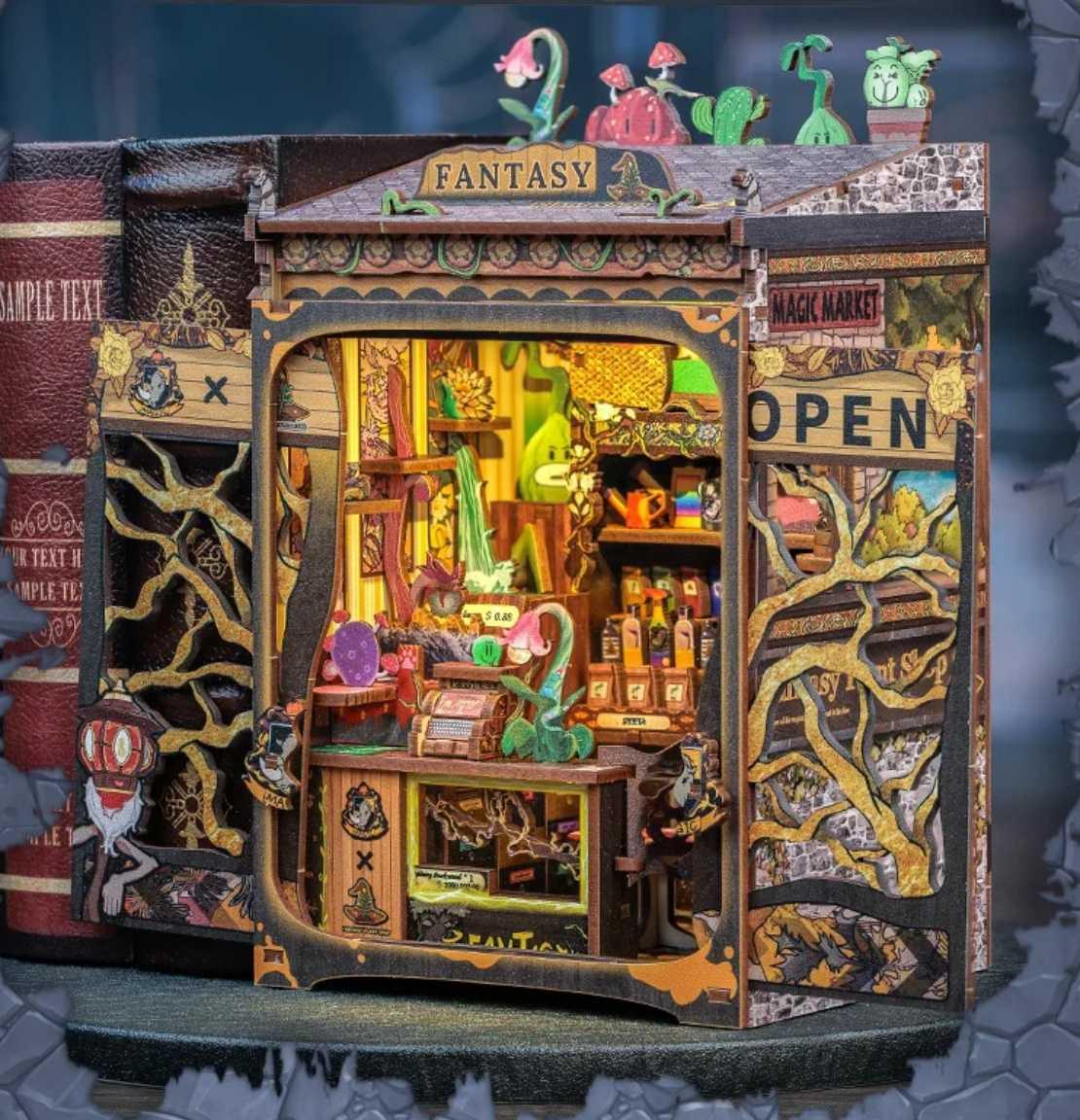 Fantasy Plant Shop DIY Book Nook Kit, a mystical miniature shop filled with magical plants, complete with a touch-activated light and protective dust cover. Perfect for any book lover’s collection. Perfect for those who love the whimsical world, DIY enthusiasts, bookend lovers, model building lovers, dollhouse collectors, bookshelf insert decor.