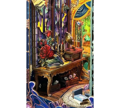 image displaying the miniature  vintage table and goods in the Fantasy Store DIY Book Nook Kit