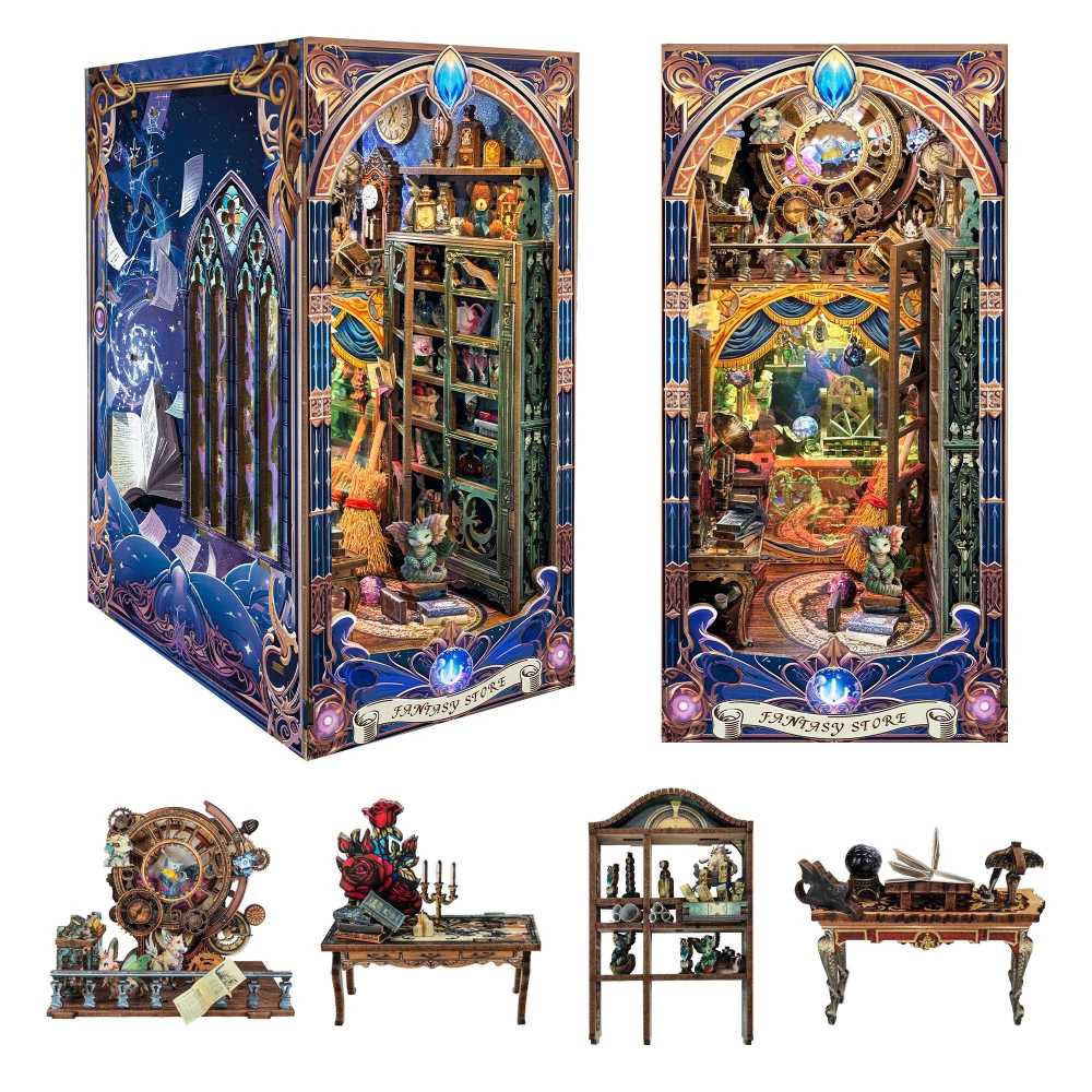 image displaying the left side and front side of Fantasy Store DIY Book Nook Kit, and some vintage furniture