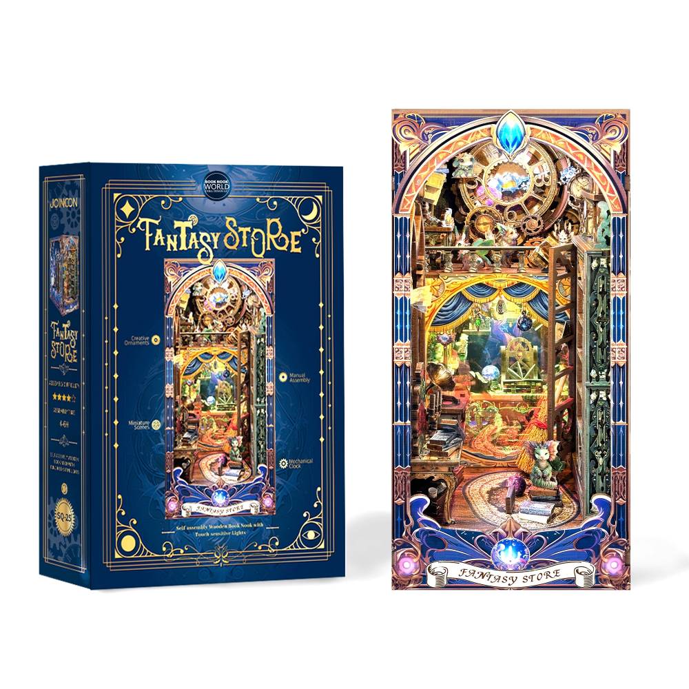 image displaying the fine package and front side of Fantasy Store DIY Book Nook Kit