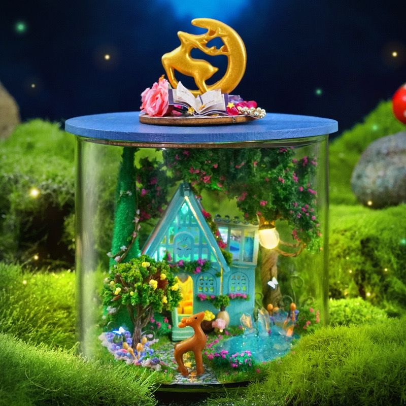 an assembled Fantasy Wonderland DIY Miniature House Kit in a magic forest setting