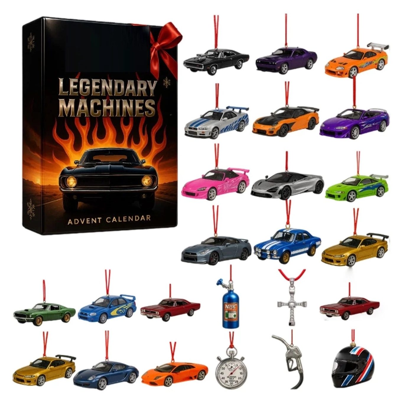 Advent calendar with miniature cars and car-themed decorations on a white background