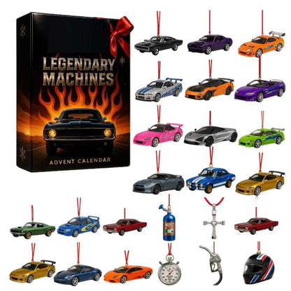 Advent calendar with miniature cars and car-themed decorations on a white background
