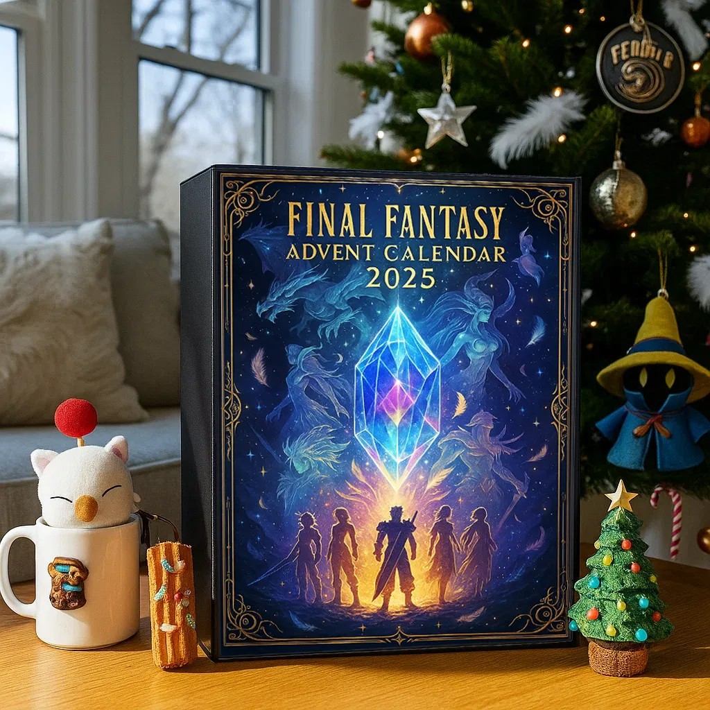 Final Fantasy advent calendar 2025 on a table with Christmas decorations