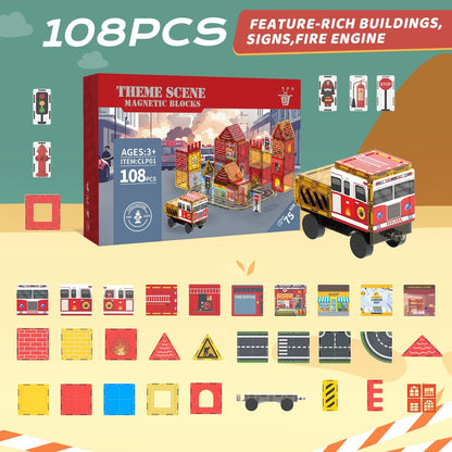 108-Piece Fire Engine Magnetic Tile Building Set