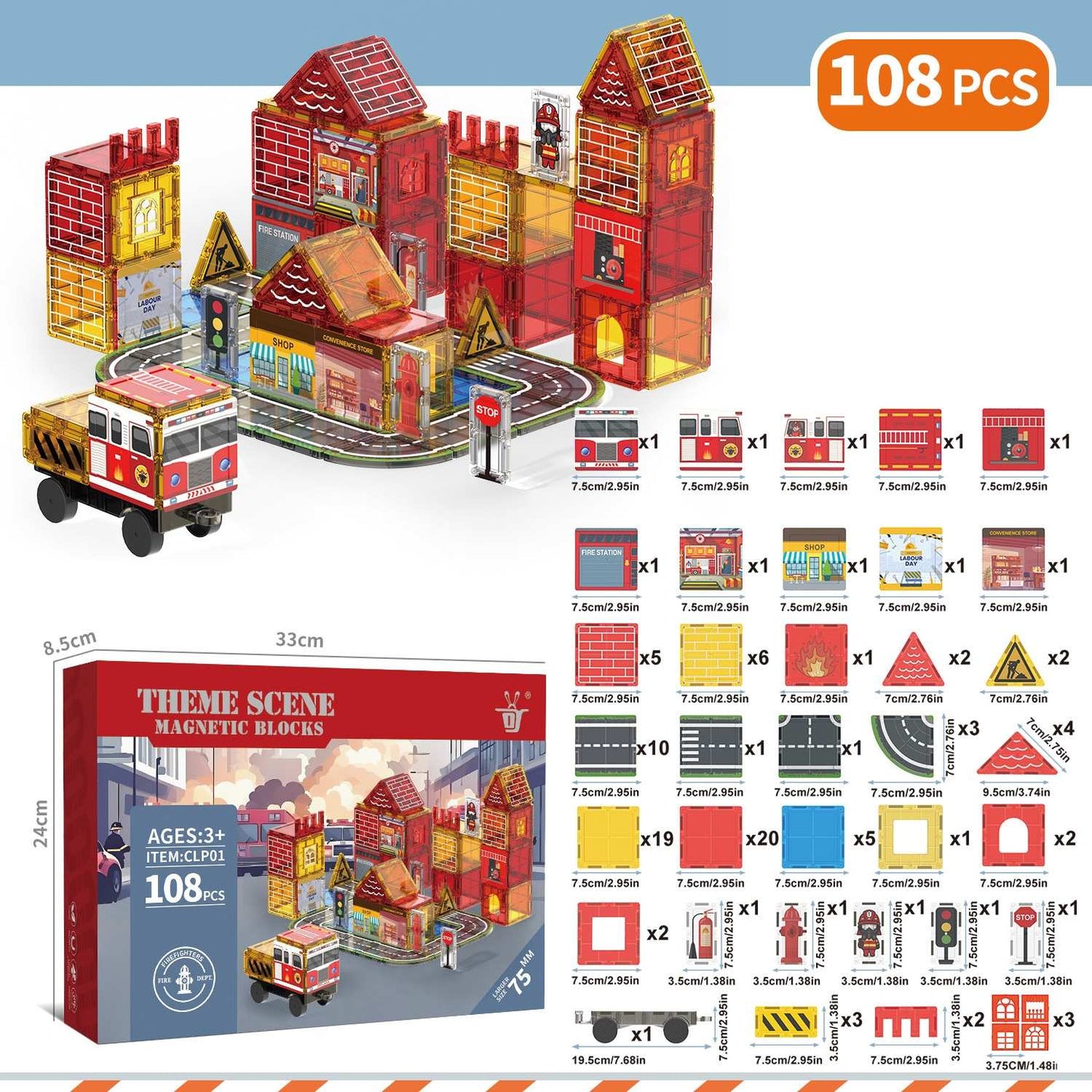 108-Piece Fire Engine Magnetic Tile Building Set