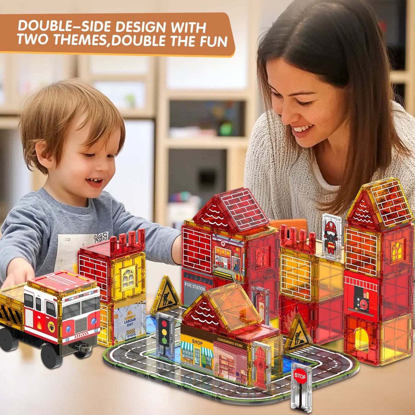 108-Piece Fire Engine Magnetic Tile Building Set