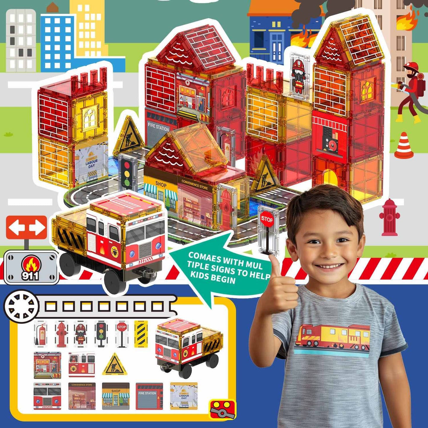108-Piece Fire Engine Magnetic Tile Building Set
