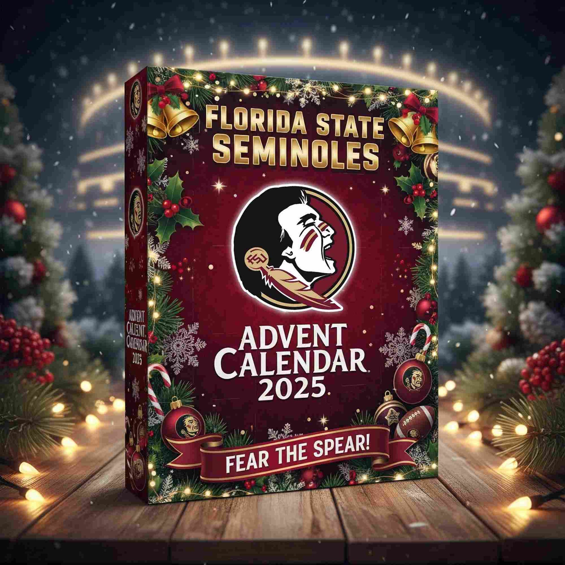 Florida State Seminoles Advent Calendar 2025 with Christmas decorations on a wooden table.